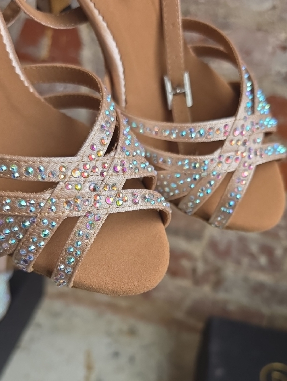 Crystal Embellished Tan Strappy Evening Heels - Picture 5 of 7